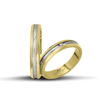 Δίχρωμες βέρες γάμου χρυσές και λευκόχρυσες 4.3 mm ματ με λουστρέ σχέδια, διαθέσιμες σε 9, 14, 18 ή 22 καράτια, χειροποίητης κατασκευής.